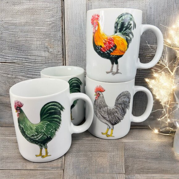 BIA Cordon Bleu White Ceramic Rooster Chicken Coffee Mug Farmhouse Set 4 Mugs - Picture 1 of 15